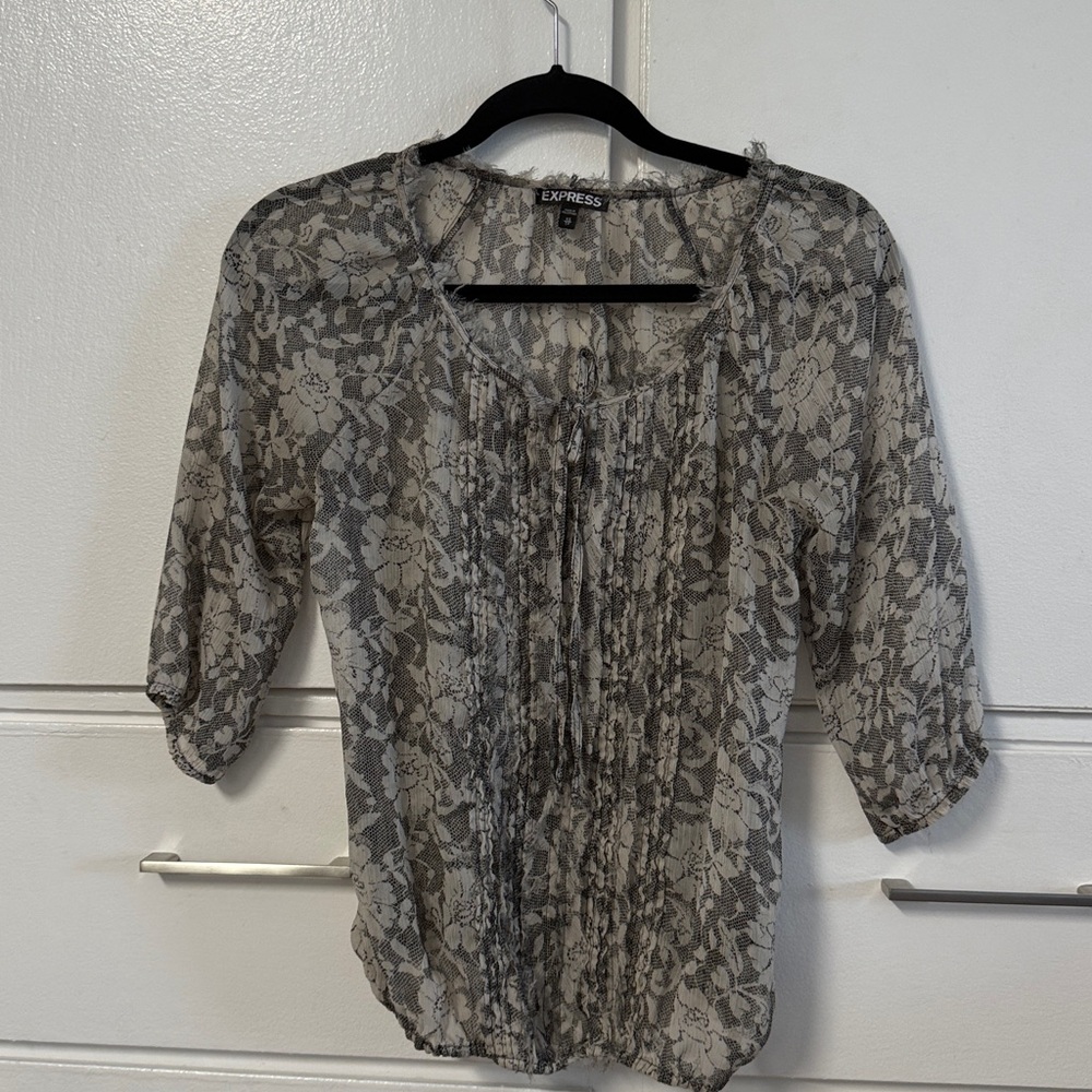 Express Gray and Cream Lace Top